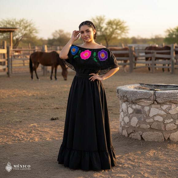 Traditional Mexican Embroidered Floral Dress Set – Handmade Two-Piece - Picture 4 of 8